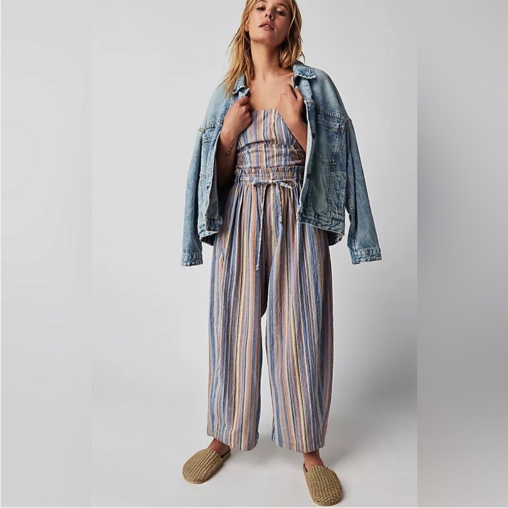 Free People Roaming Shores Strapless Cotton Jumpsuit in Blue Combo